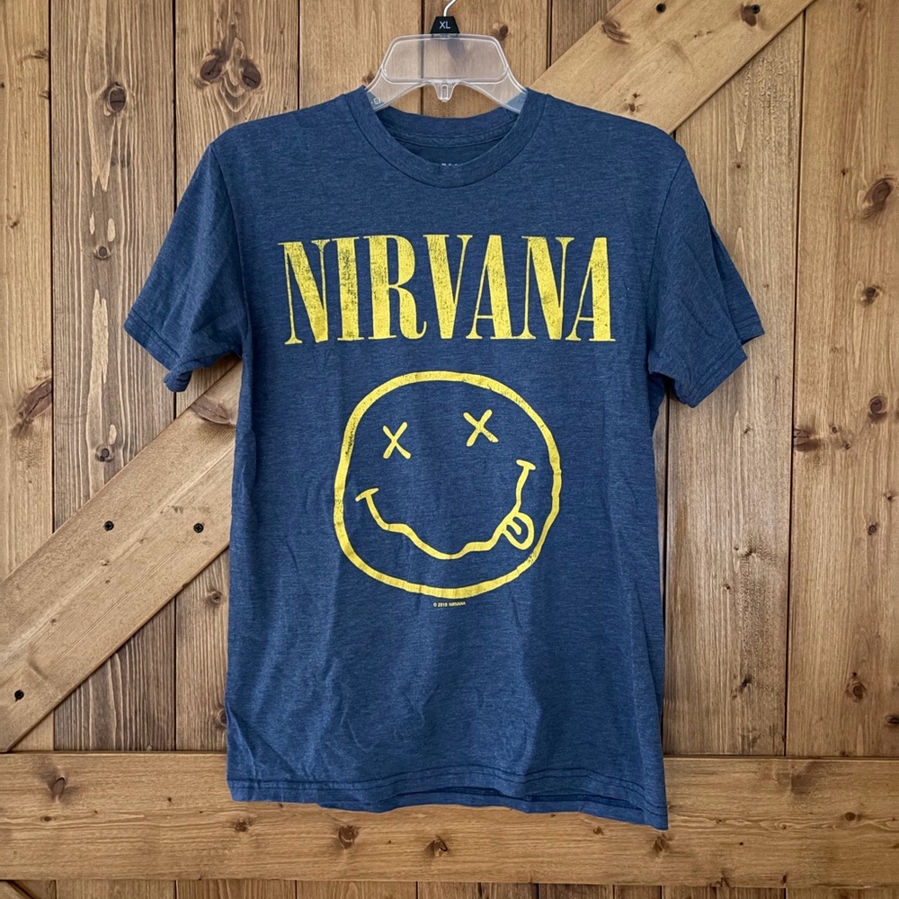 Unisex NIRVANA Distressed Blue Tee with Smiley Face | Size Small